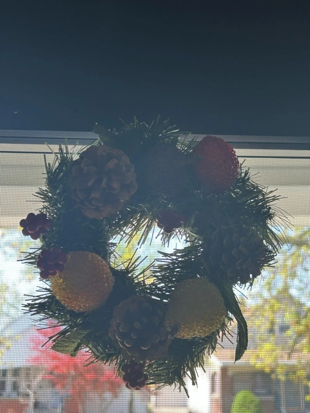 VTG artificial wreath/candle ring w/faux fruit, pinecones, and red berries.